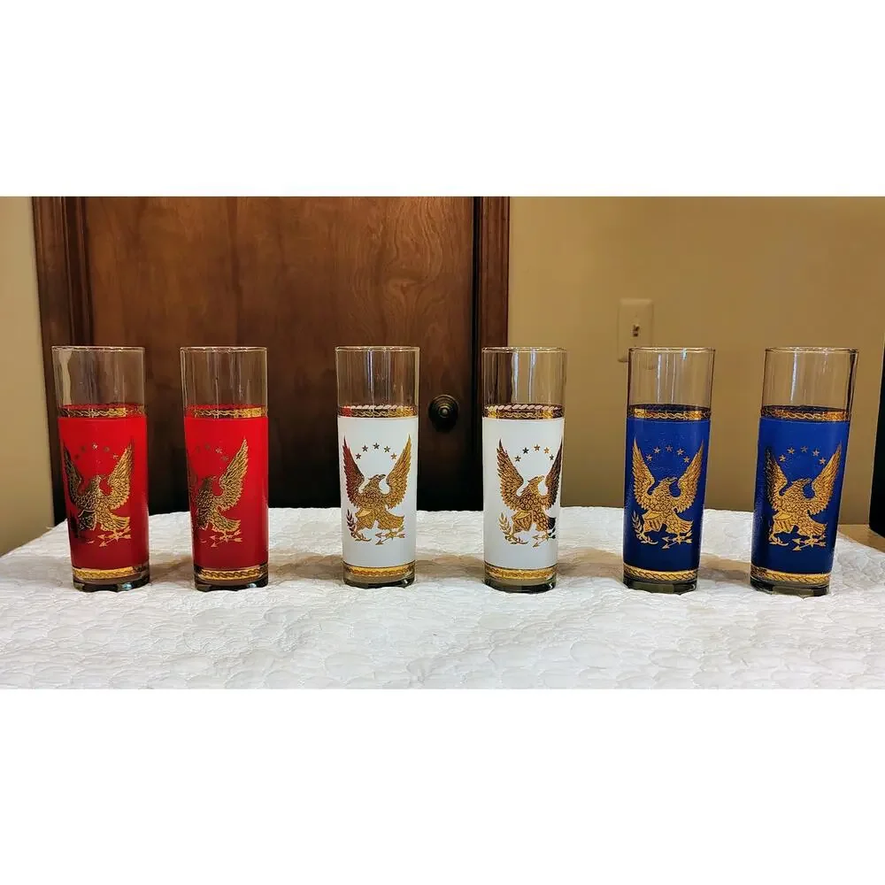 Vintage Set 6 Federal Glass Patriotic Tom Collins Glasses Red White Blue Gold